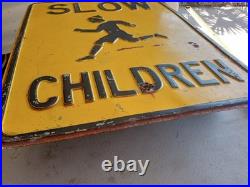 Vintage/Antique 1940's SLOW CHILDREN Metal Sign Yellow Black 17.5x24