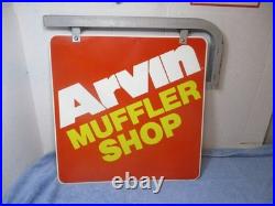 Vintage Arvin Muffler Shop Metal Sign Two Sided Hanging / Swinging With Bracket