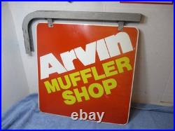 Vintage Arvin Muffler Shop Metal Sign Two Sided Hanging / Swinging With Bracket