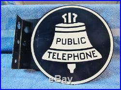 Vintage BELL SYSTEM PUBLIC TELEPHONE PHONE Double-Sided Metal FLANGE SIGN