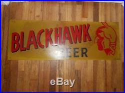 Vintage BLACKHAWK BEER Davenport Iowa IA Metal Advertising Sign w Native Indian