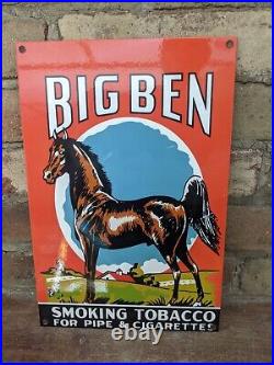 Vintage Big Ben Cigar Pipe Tobacco Porcelain Metal Gas Sign 12 X 8