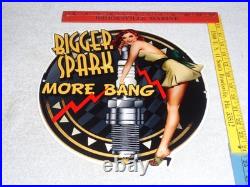 Vintage Bigger Spark More Bang Woman? & Plug 12 Metal Big Gasoline & Oil Sign