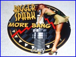 Vintage Bigger Spark More Bang Woman? & Plug 12 Metal Big Gasoline & Oil Sign