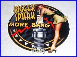 Vintage Bigger Spark More Bang Woman? & Plug 12 Metal Big Gasoline & Oil Sign