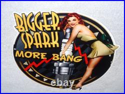 Vintage Bigger Spark More Bang Woman? & Plug 12 Metal Big Gasoline & Oil Sign