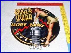 Vintage Bigger Spark More Bang Woman? & Plug 12 Metal Big Gasoline & Oil Sign