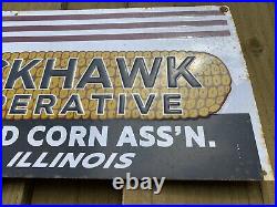 Vintage Blackhawk Sign Hybrid Corn Seed Metal Farm Barn Indian Gas Oil Tin Hangr