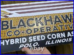 Vintage Blackhawk Sign Hybrid Corn Seed Metal Farm Barn Indian Gas Oil Tin Hangr