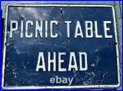 Vintage Blue White Metal Raised Letters Picnic Table Ahead Sign Vermont Highway