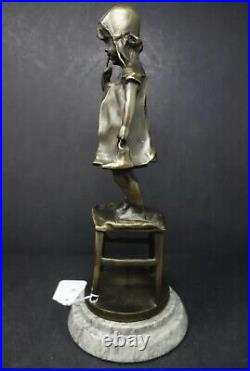 Vintage Bronze Metal Statue Juan Clara Sign Reproduction Girl Stand Chair Marble