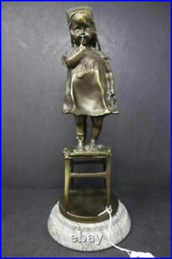 Vintage Bronze Metal Statue Juan Clara Sign Reproduction Girl Stand Chair Marble