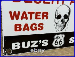 Vintage Buz's Us Route 66 Porcelain Sign Skull Metal Highway Gas Station Oil