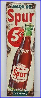 Vintage Canada Dry Spur Soda Pop Embossed Metal Door Palm Push Sign 12x3.5