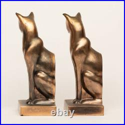 Vintage Cat Bookends Cast Metal Painted Gold Signed