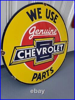 Vintage Chevrolet Service Sign We Use Genuine Parts Metal Porcelain Dealer Gas