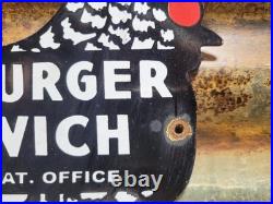 Vintage Chickburger Sanwich Porcelain Sign Chicken Food Rooster Burger Sandwich