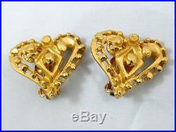 Vintage Christian Lacroix Heart Goldtone Clip On Earrings Signed French Jewelry