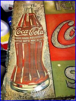 Vintage Coca Cola Sign Tin Metal Soda Pop Bottle Advertising Ice Cold Sold Here