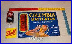 Vintage Columbia Dry Cell Batteries +devil 16 Porcelain Metal Gasoline Oil Sign