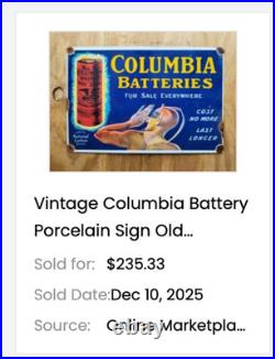Vintage Columbia Dry Cell Batteries +devil 16 Porcelain Metal Gasoline Oil Sign