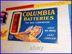 Vintage Columbia Dry Cell Batteries +devil 16 Porcelain Metal Gasoline Oil Sign