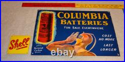 Vintage Columbia Dry Cell Batteries +devil 16 Porcelain Metal Gasoline Oil Sign