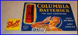 Vintage Columbia Dry Cell Batteries +devil 16 Porcelain Metal Gasoline Oil Sign Vintage Columbia Dry Cell Batteries +devil 16 Porcelain Metal Gasoline Oil Sign