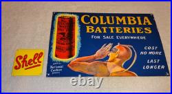 Vintage Columbia Dry Cell Batteries +devil 16 Porcelain Metal Gasoline Oil Sign