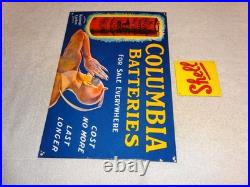 Vintage Columbia Dry Cell Batteries +devil 16 Porcelain Metal Gasoline Oil Sign