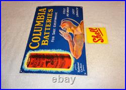Vintage Columbia Dry Cell Batteries +devil 16 Porcelain Metal Gasoline Oil Sign
