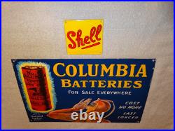 Vintage Columbia Dry Cell Batteries +devil 16 Porcelain Metal Gasoline Oil Sign