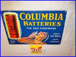 Vintage Columbia Dry Cell Batteries +devil 16 Porcelain Metal Gasoline Oil Sign