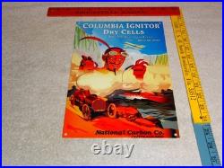 Vintage Columbia Dry Cells Car Battery +devil 12 Satin Metal Gasoline Oil Sign