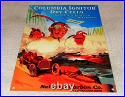 Vintage Columbia Dry Cells Car Battery +devil 12 Satin Metal Gasoline Oil Sign