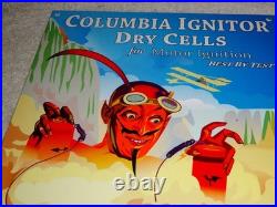 Vintage Columbia Dry Cells Car Battery +devil 12 Satin Metal Gasoline Oil Sign