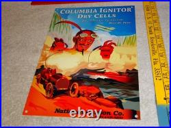 Vintage Columbia Dry Cells Car Battery +devil 12 Satin Metal Gasoline Oil Sign