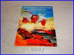 Vintage Columbia Dry Cells Car Battery +devil 12 Satin Metal Gasoline Oil Sign