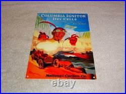 Vintage Columbia Dry Cells Car Battery +devil 12 Satin Metal Gasoline Oil Sign