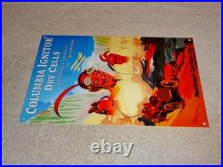Vintage Columbia Dry Cells Car Battery +devil 12 Satin Metal Gasoline Oil Sign