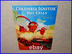 Vintage Columbia Dry Cells Car Battery +devil 12 Satin Metal Gasoline Oil Sign