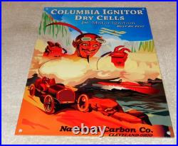Vintage Columbia Dry Cells Car Battery +devil 12 Satin Metal Gasoline Oil Sign