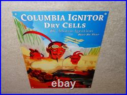 Vintage Columbia Dry Cells Car Battery +devil 12 Satin Metal Gasoline Oil Sign