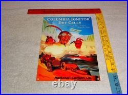 Vintage Columbia Dry Cells Car Battery +devil 12 Satin Metal Gasoline Oil Sign