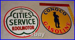 Vintage Conoco Gasoline Minuteman +cities Service Koolmotor Porcelain Metal Sign