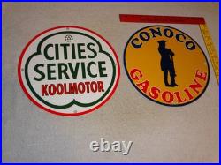 Vintage Conoco Gasoline Minuteman +cities Service Koolmotor Porcelain Metal Sign