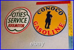 Vintage Conoco Gasoline Minuteman +cities Service Koolmotor Porcelain Metal Sign