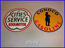 Vintage Conoco Gasoline Minuteman +cities Service Koolmotor Porcelain Metal Sign