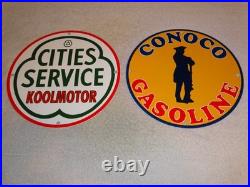 Vintage Conoco Gasoline Minuteman +cities Service Koolmotor Porcelain Metal Sign