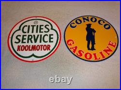 Vintage Conoco Gasoline Minuteman +cities Service Koolmotor Porcelain Metal Sign